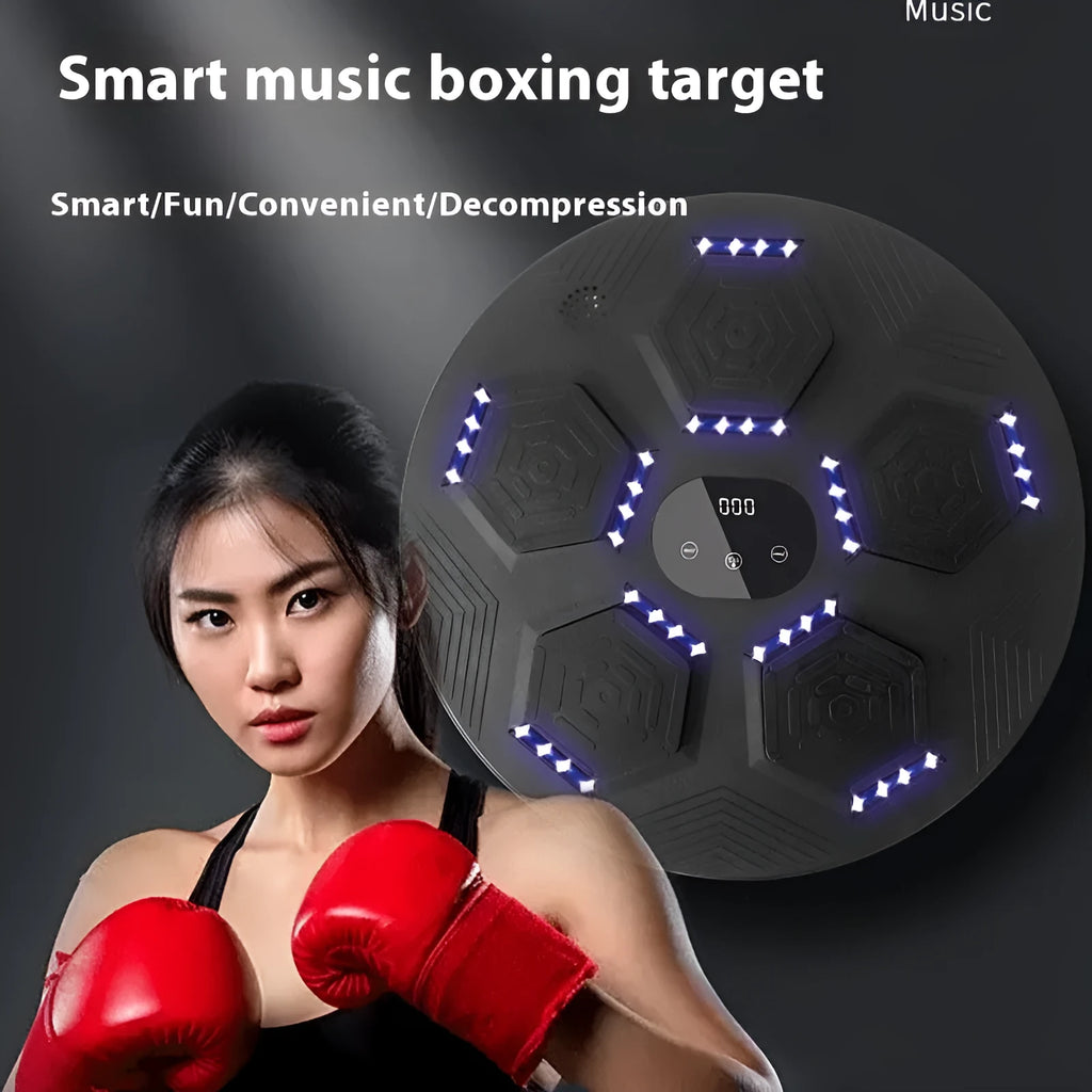 Black wall-mounted smart music boxing machine reaction target with matching black gloves.