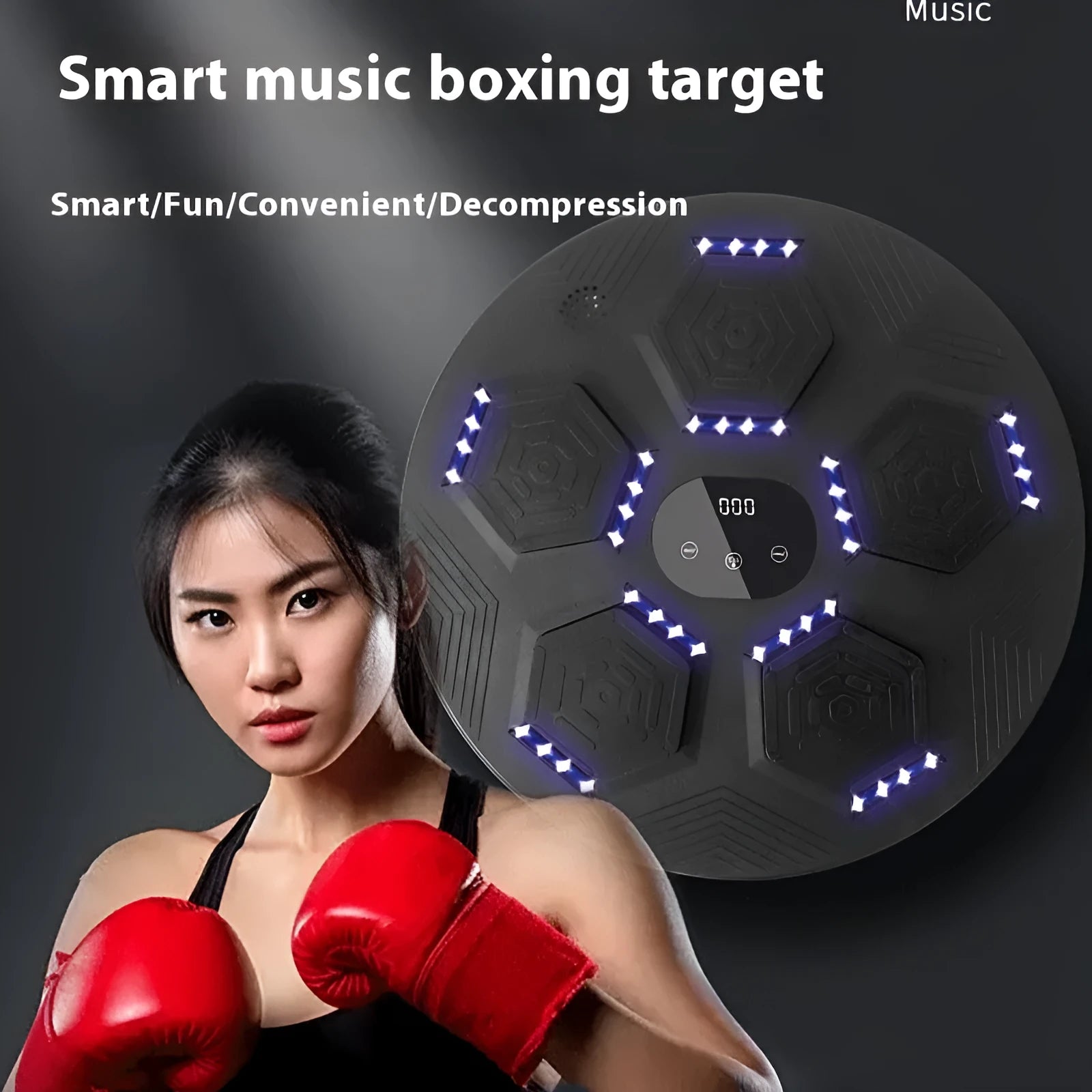 Black wall-mounted smart music boxing machine reaction target with matching black gloves.