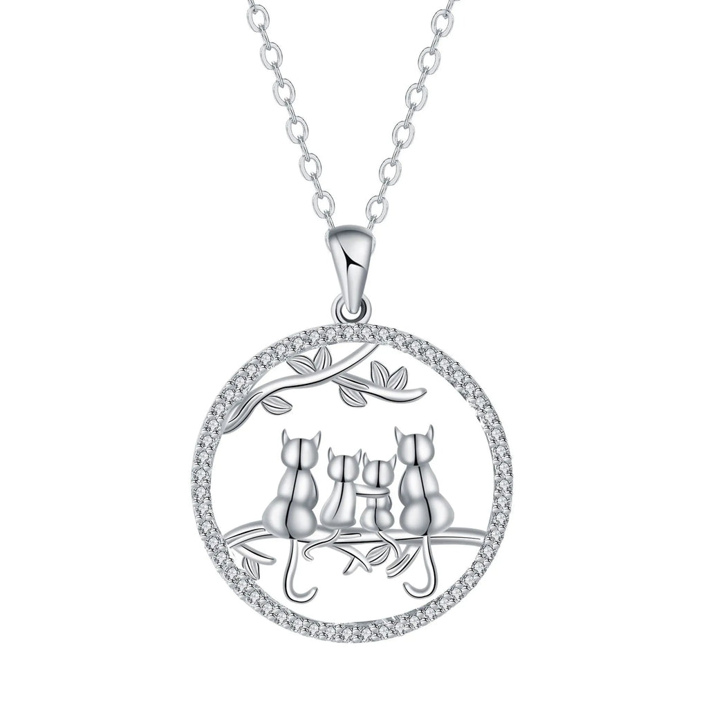 Copper Four Kitten Necklace with cat charm pendant on a cross chain for women.