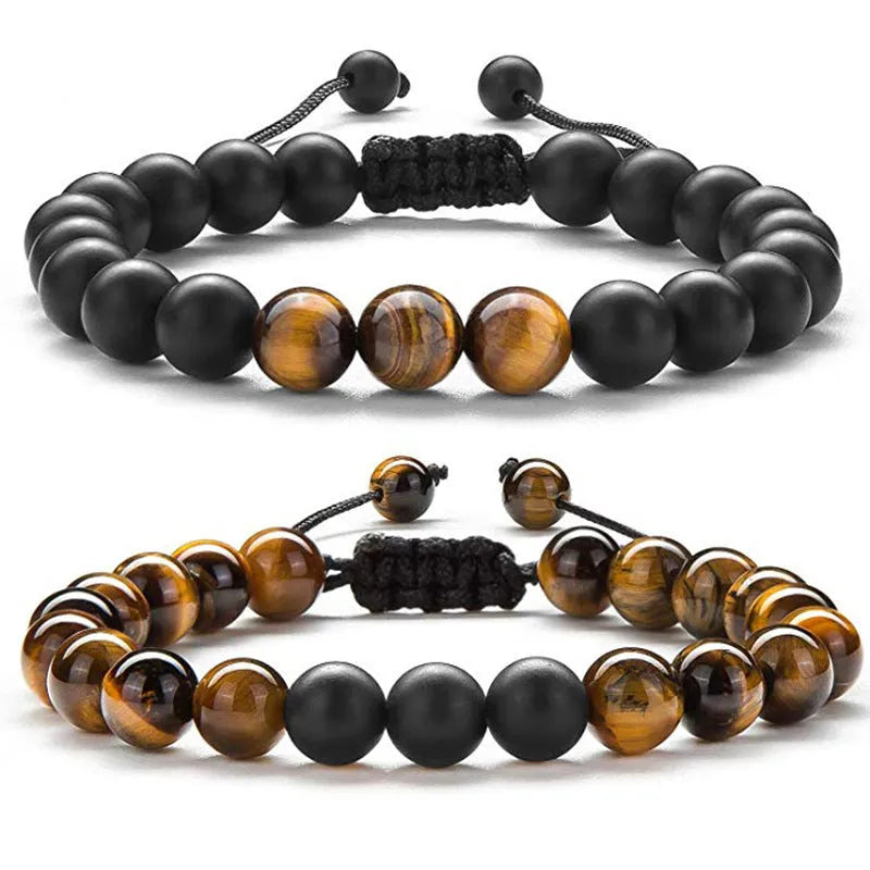 Geometric agate couple bracelets with tiger eye and matte black beads, showing style options.