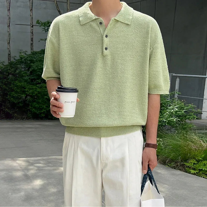 Men's caramel coloured loose-fit retro knitted polo shirt with short sleeves and asymmetric detailing