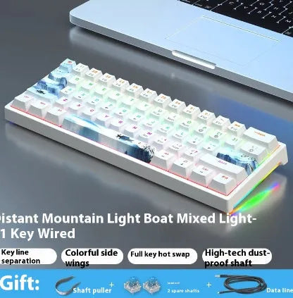 Blue and white 61-key mechanical keyboard with compact layout and hot-swappable switches