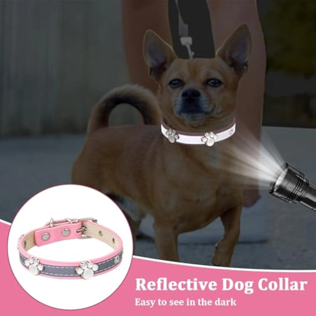 Reflective leather dog collar with paw rivet design in adjustable sizes for dogs