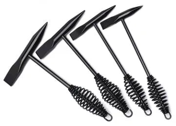 High carbon steel welding hammer with a spring handle for slag and rust removal.
