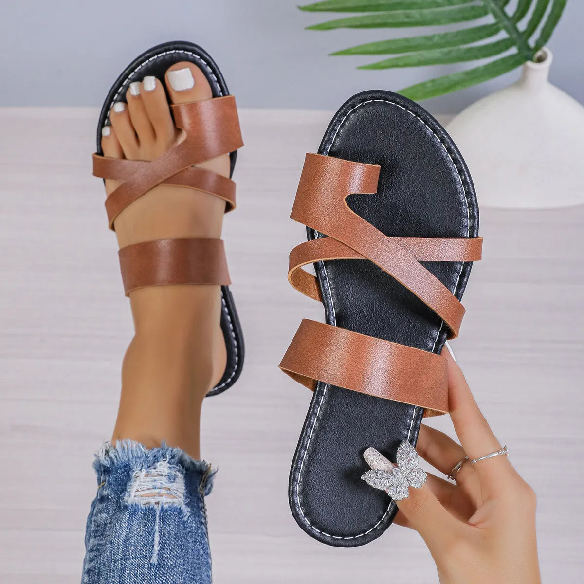 Round head one-line beach slippers with hollow-out design in black, brown, and wine red colours