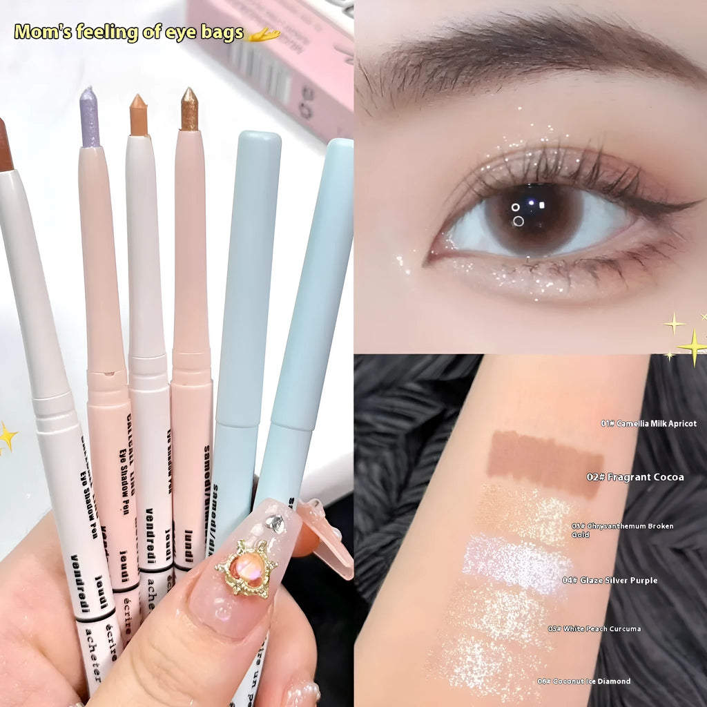 Waterproof eye shadow pen in a display showing its range of 16 colours including beige, pink, gold, and purple.