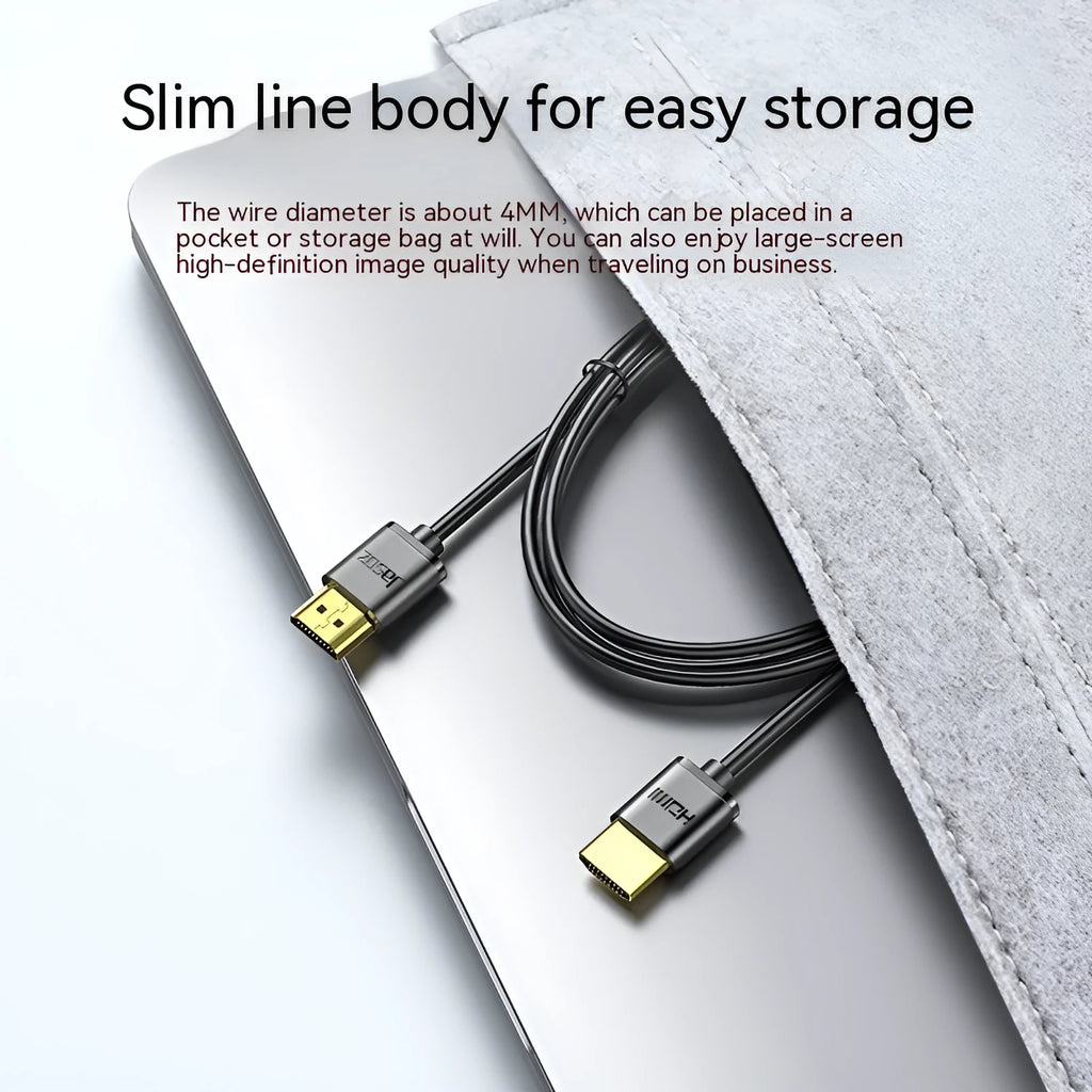 Flexible thin HDMI cable with gold-plated connectors showing length options from 50cm to 500cm