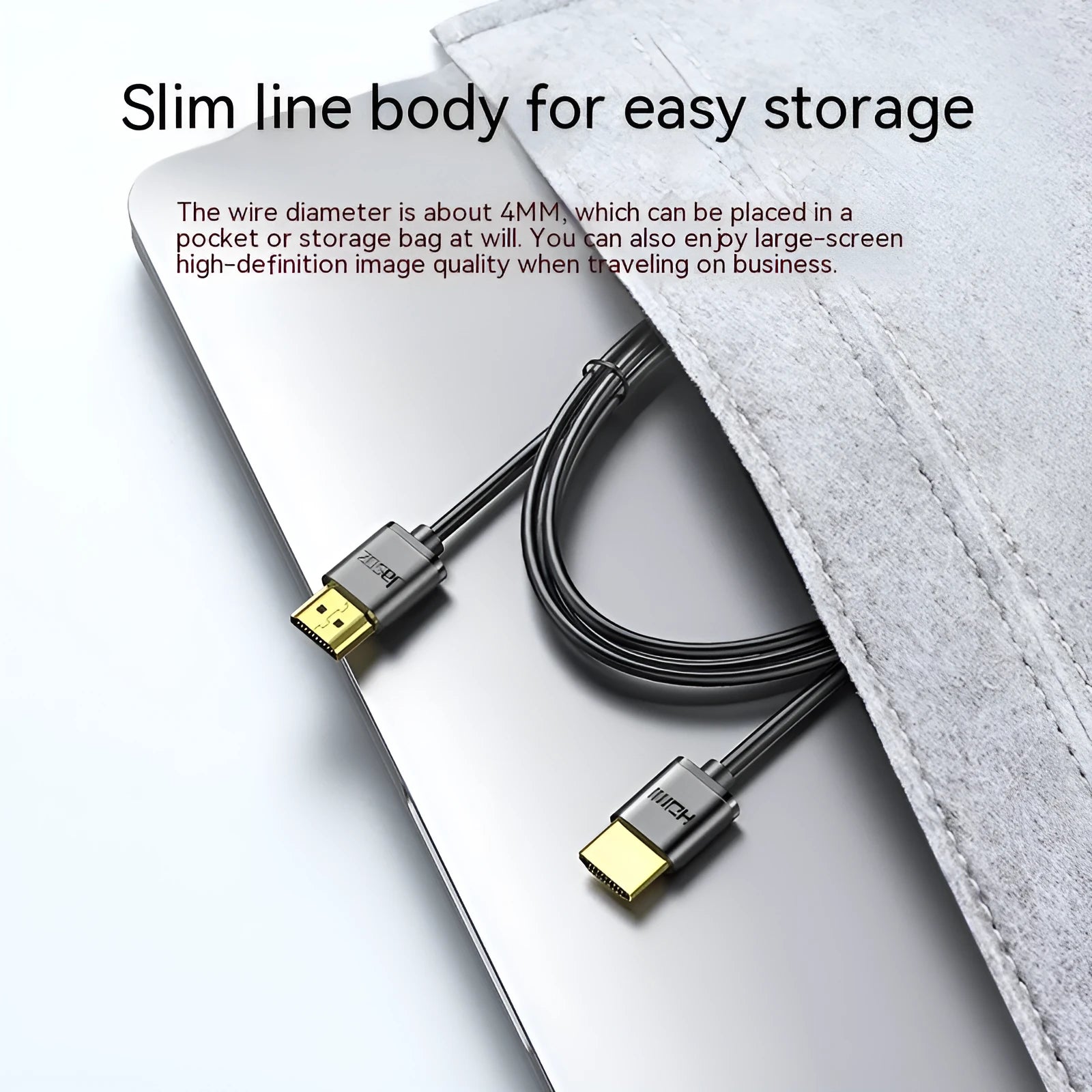 Flexible thin HDMI cable with gold-plated connectors showing length options from 50cm to 500cm