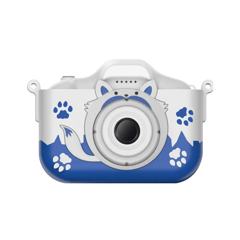 Blue HD cartoon children's digital camera with compact design on a lanyard.