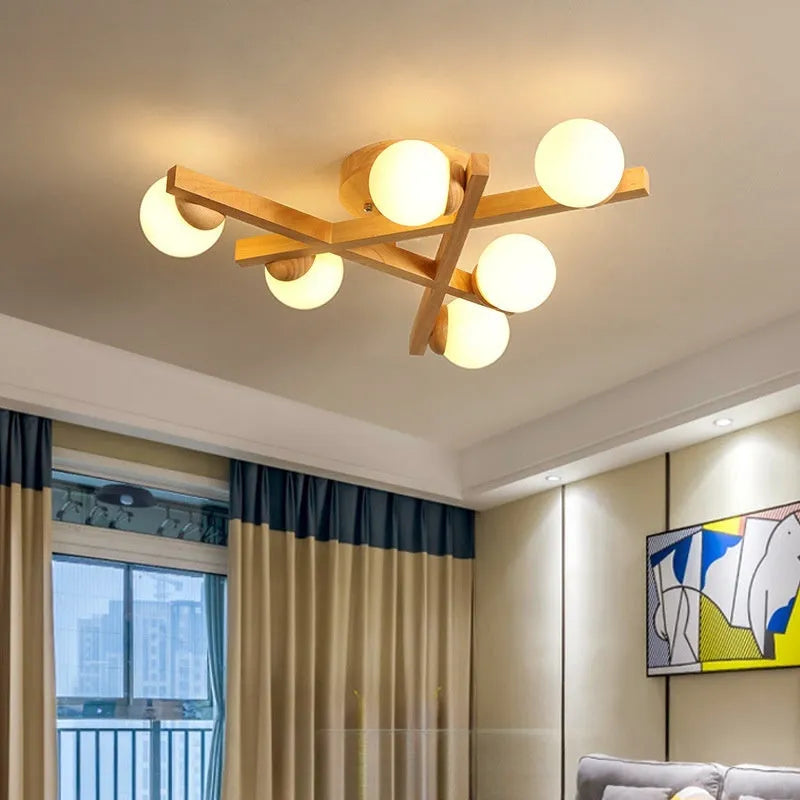Wooden style ceiling lamp with three light heads in modern living room setting