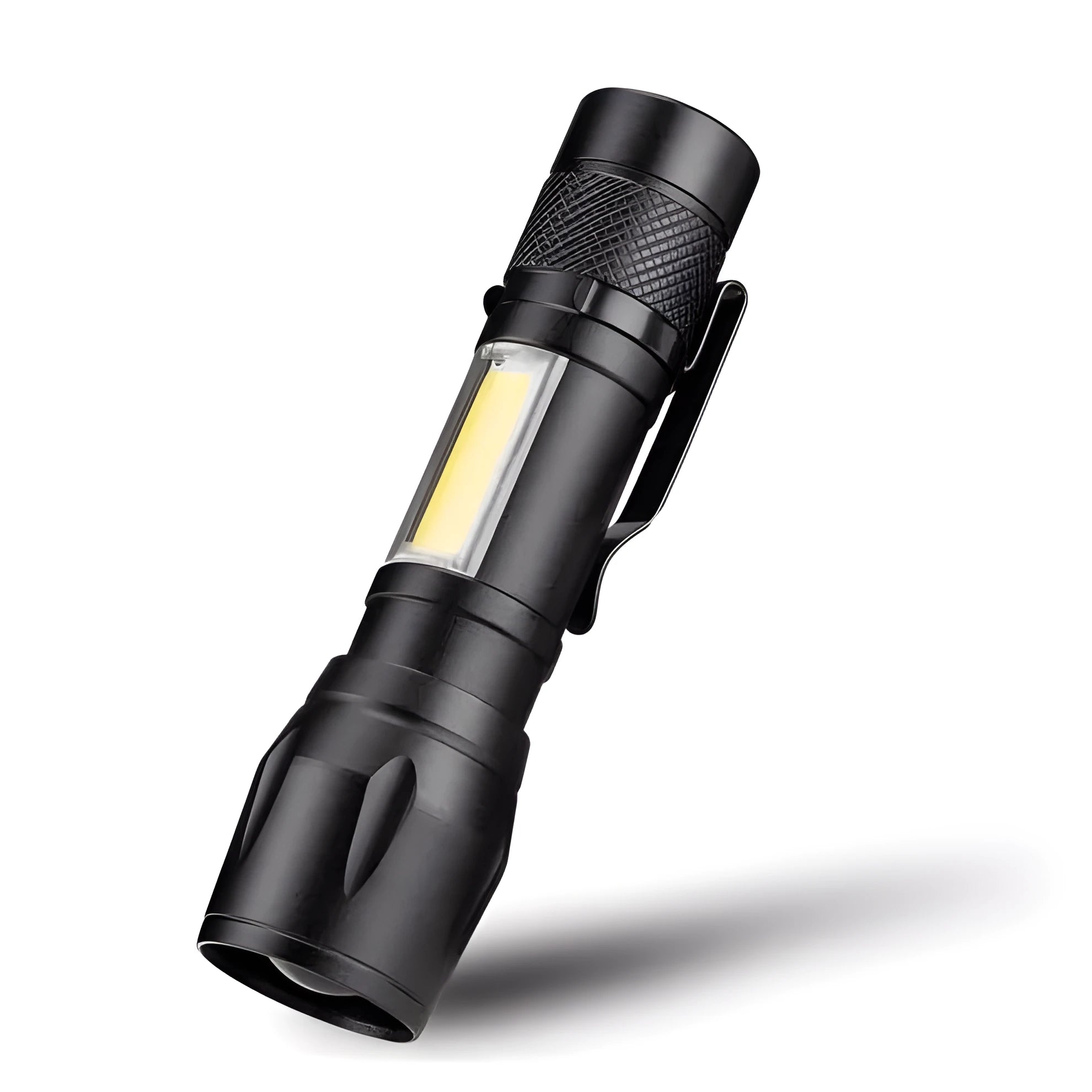 Black aluminium alloy telescopic LED flashlight with pen design and carrying clip