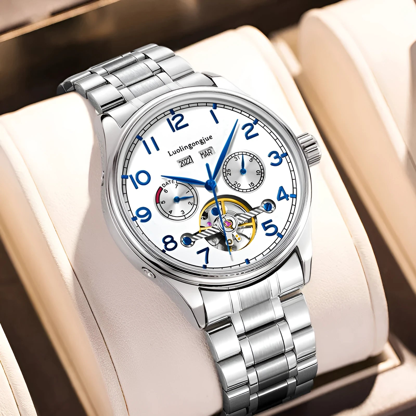 Men's stainless steel mechanical business watch with hollow movement visible through transparent case back