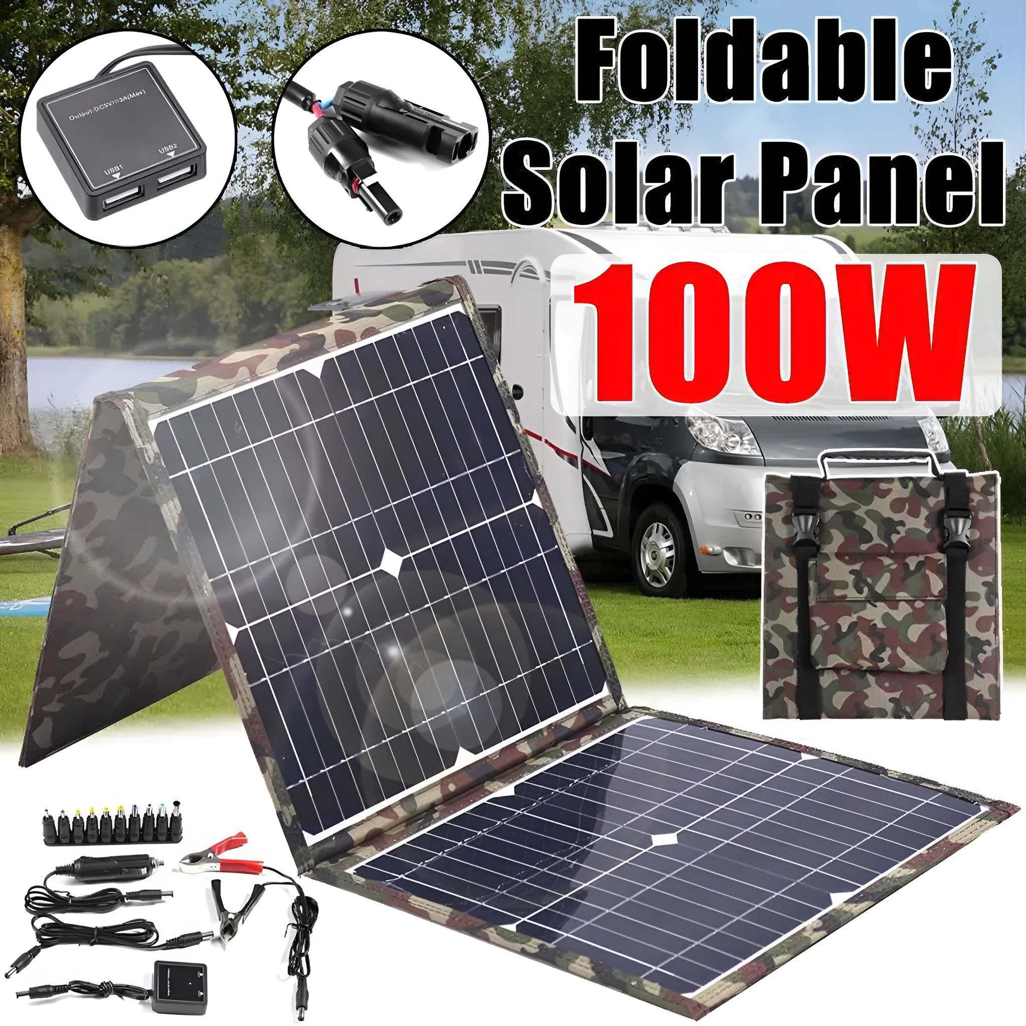 Black foldable 36W portable solar panel unfolded, showing three monocrystalline panels with included car charger and USB hub