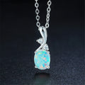 Water drop shaped opal pendant on an adjustable silver tone necklace chain
