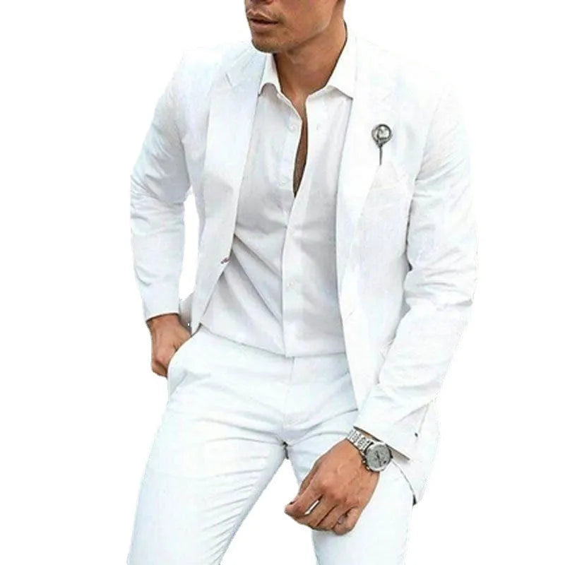 Men's white two-piece slim fit suit jacket and trousers for weddings.