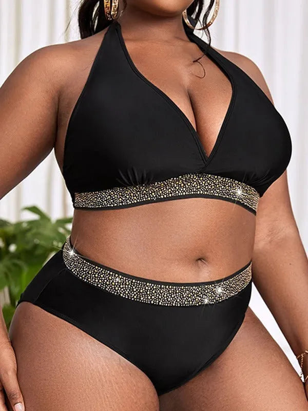 Black plus size women's swimsuit bikini with two-piece design on mannequin showing front view