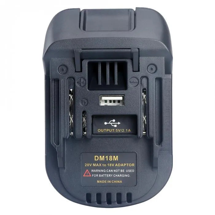 Black Milwaukee DM18M to Makita H99F battery adapter measuring 125x90x65mm