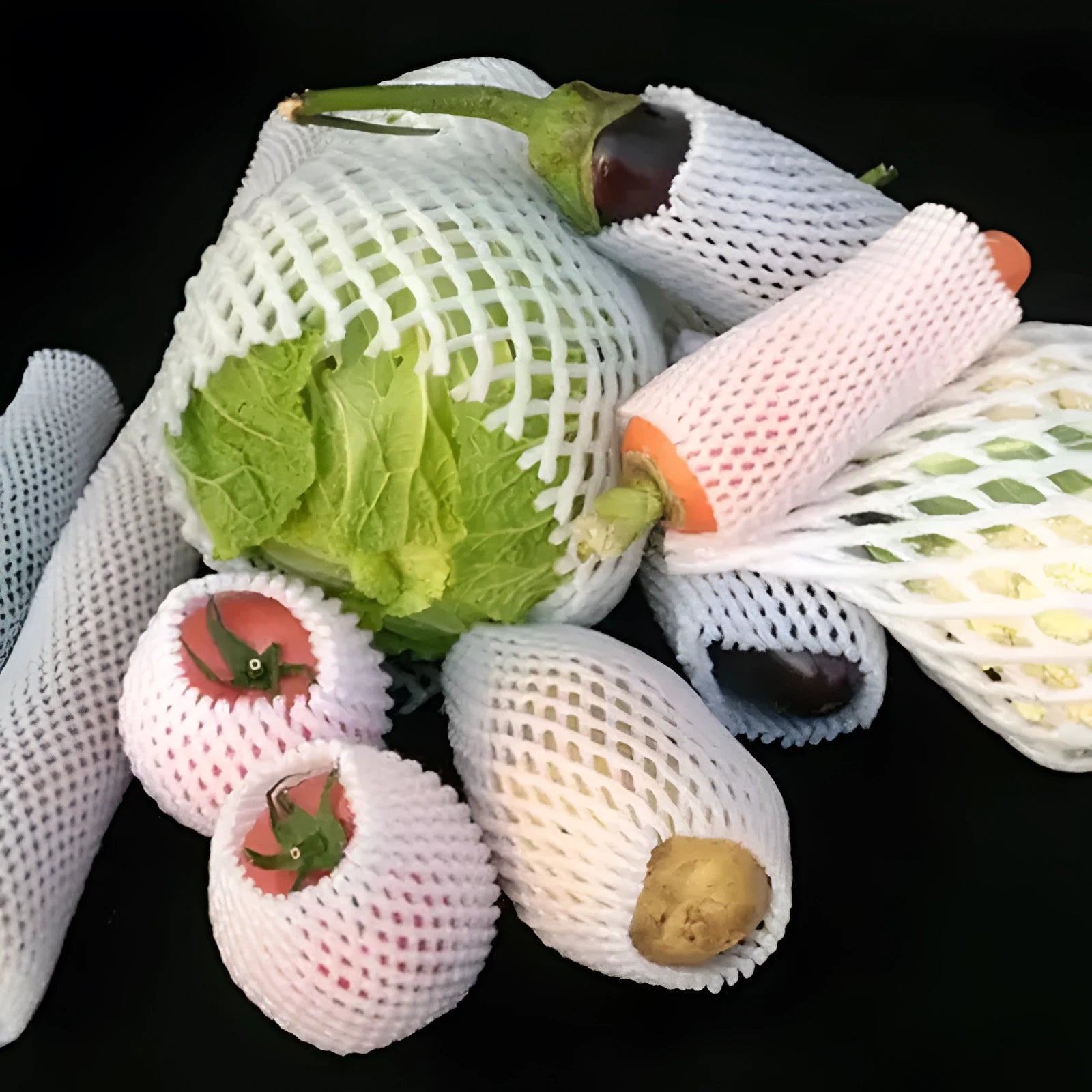 White foam fruit protection nets showing different sizes for apples, pears and peaches