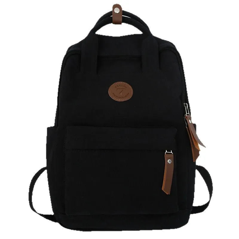 Black Oxford cloth leisure backpack with curved shoulder straps and retro sewing thread detailing