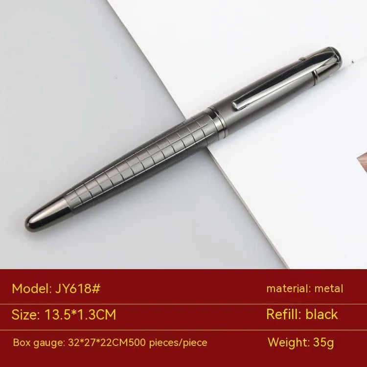Gun grey metal roller pen showing 13.5cm length and 1.3cm diameter with black or blue ink options