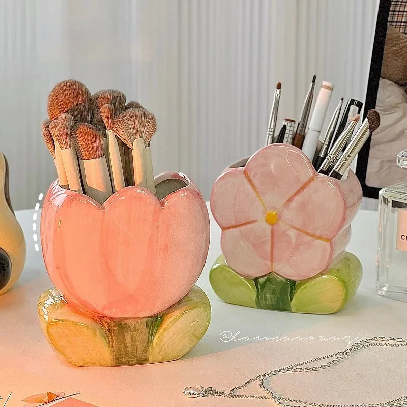 Ceramic desktop pen holder with floral pattern storage box for desk organisation