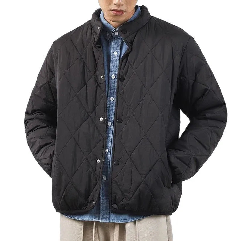 Men's black diamond lattice patterned cotton-padded winter jacket with loose fit and lengthened 100cm design