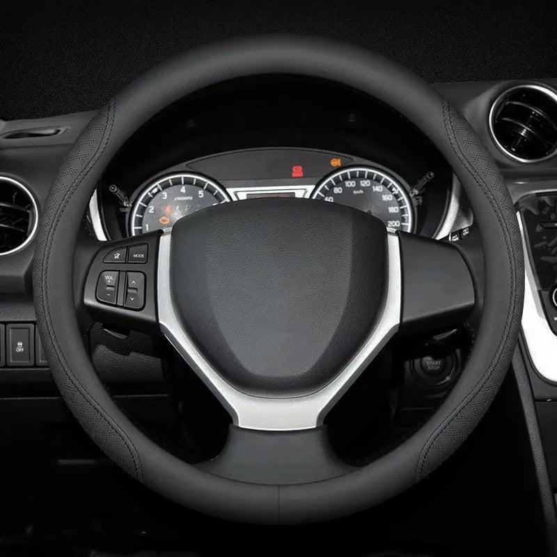 Black Napa leather texture steering wheel cover for Suzuki cars with a 38cm diameter.