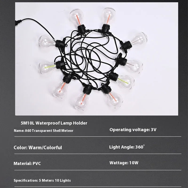 Outdoor waterproof decorative string lights with transparent meteor-shaped LED bulbs
