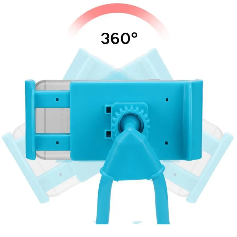 White universal smartphone holder showing 360-degree rotation on a desk.