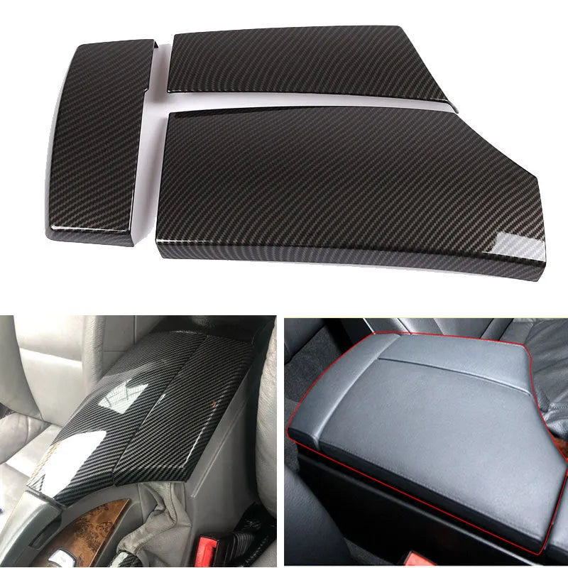 Three ABS plastic armrest box covers with a shiny carbon fibre pattern, shown next to a car centre console.