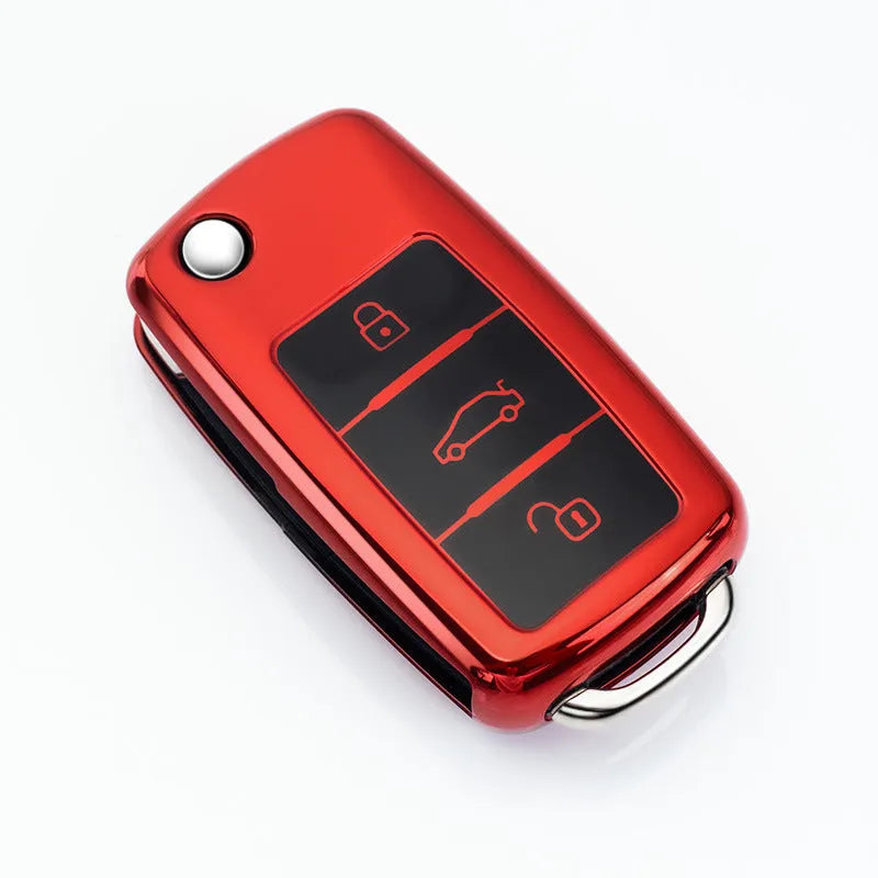 TPU protective car key case for Volkswagen Model A folding remote in blue, pink, red, and silver colour options