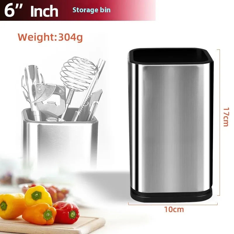Stainless steel kitchen knife holder with storage bucket and detachable draining base in black and white.