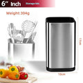 Stainless steel kitchen knife holder with storage bucket and detachable draining base in black and white.