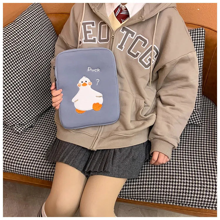 Blue cotton tablet case with cartoon duck embroidery design and zipper closure