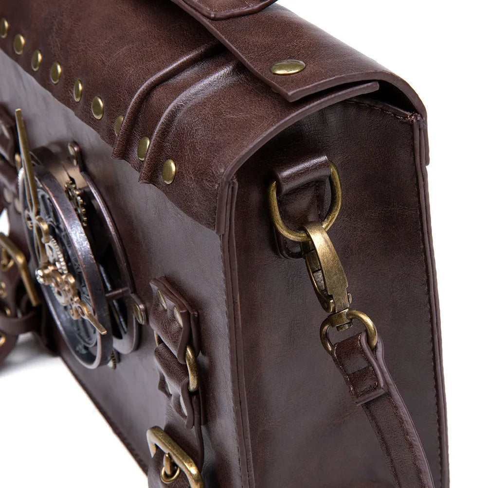 Bronze steampunk industrial retro shoulder bag with metal accents and pillow bag shape