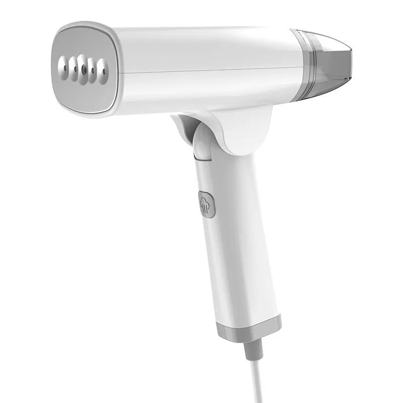 Blue and white handheld garment steamer with water tank and power cord on a white background.