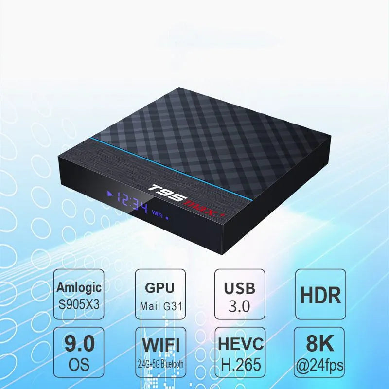Black T95 Max Plus Android TV Box with remote, showing choice of US, EU, and UK power plugs.