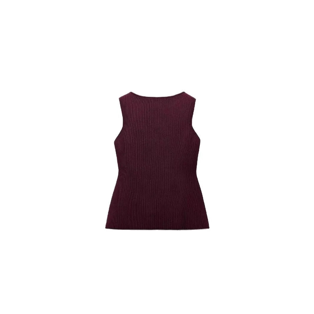 Dark red slim fit sleeveless sweater vest with gold buttons and a 3D pattern.