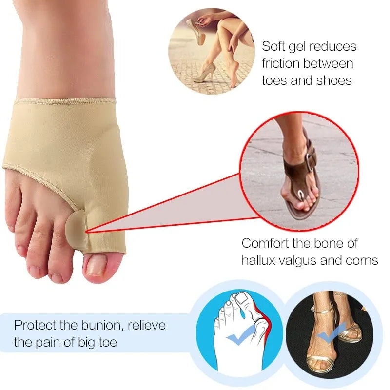 Corrective bunion sock with grey gel pad and silicone toe separator on a stretch fabric base.