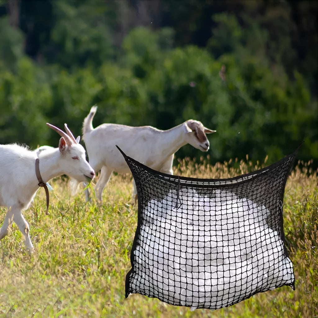 Woven grid horse feeding bag made from PE rope in black colour showing hanging design