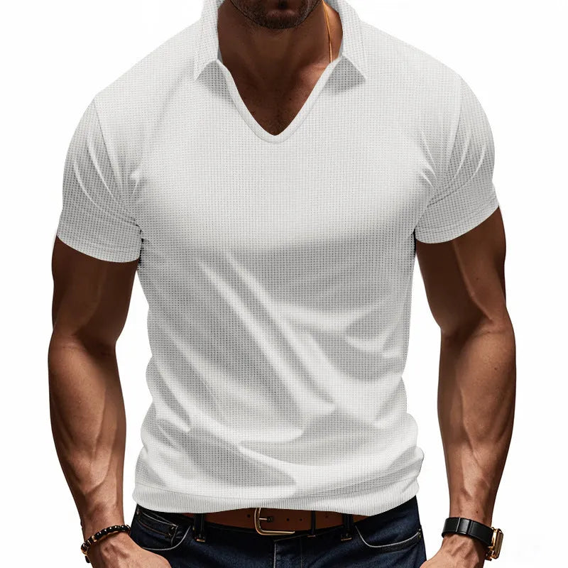 Men's loose fit V-neck short sleeve t-shirt in light grey cotton blend fabric