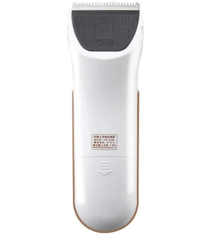 White battery-operated pet clipper with ceramic blade for dog and cat grooming