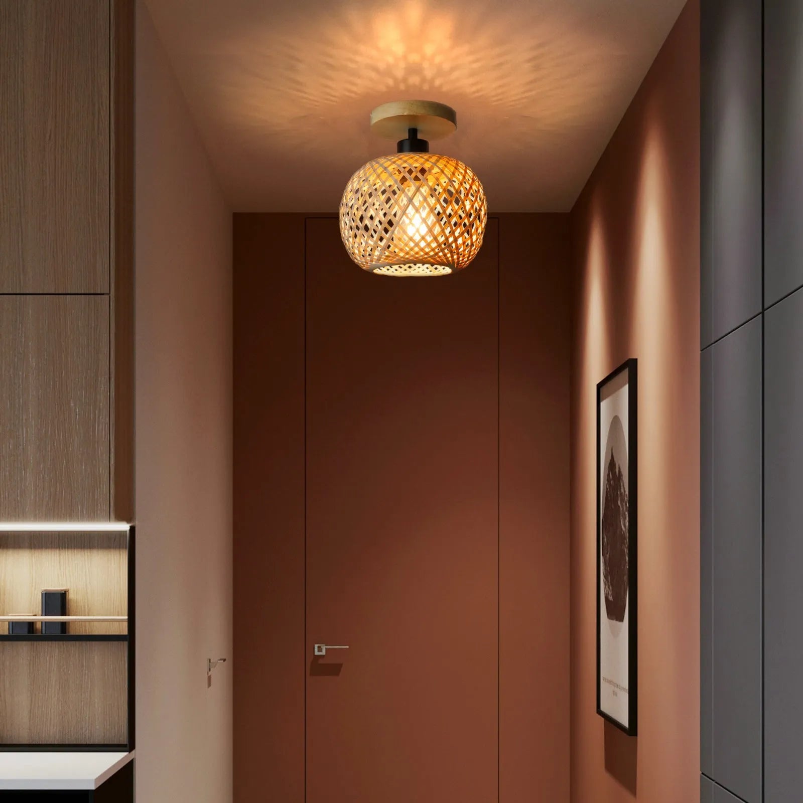 Japanese-style natural bamboo ceiling lamp for corridors and hallways with a pastoral design.