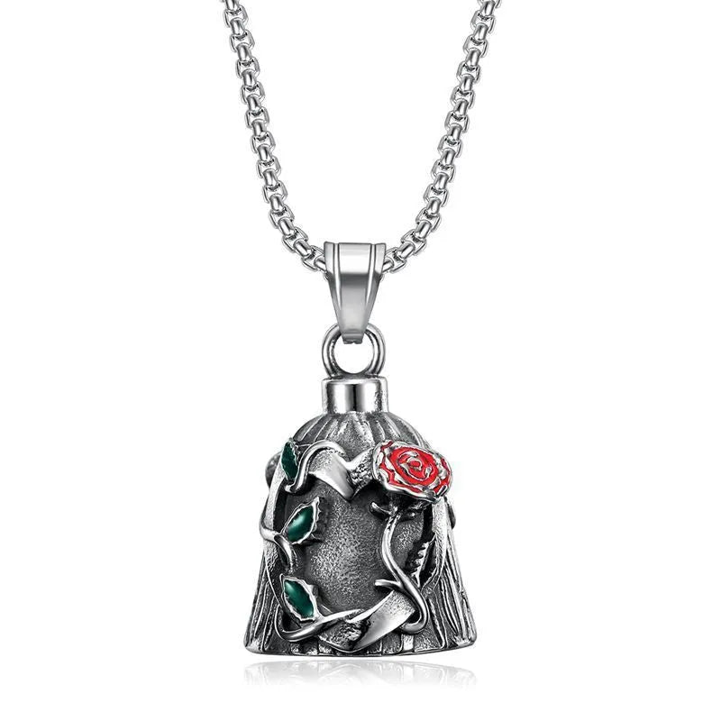 Titanium steel motorcycle lucky bell with vintage polished finish showing double-sided epoxy rose design