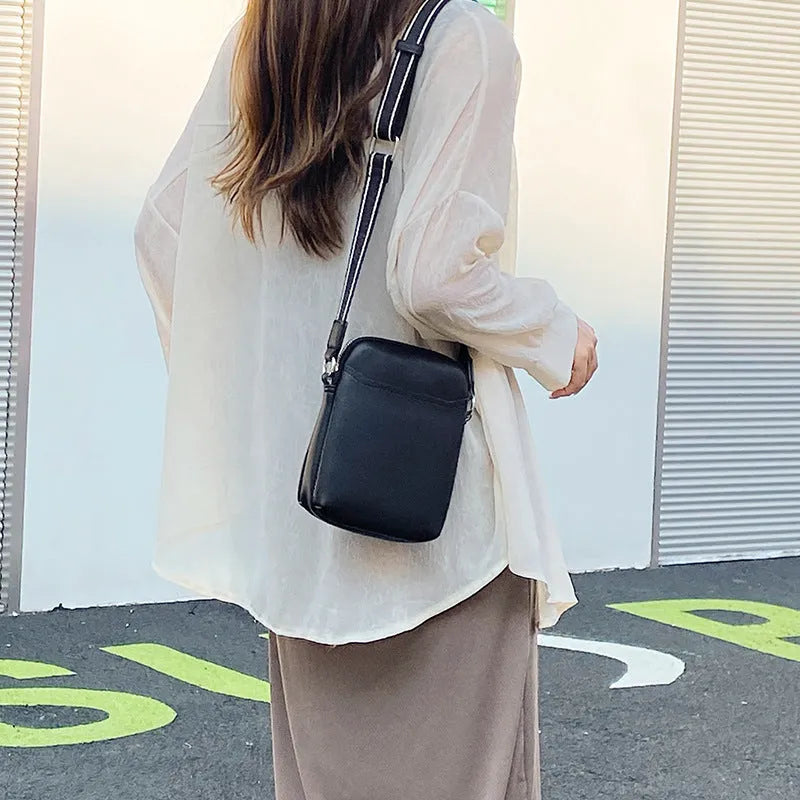 Solid colour PU leather mobile phone crossbody shoulder bag in black, beige, khaki, or green