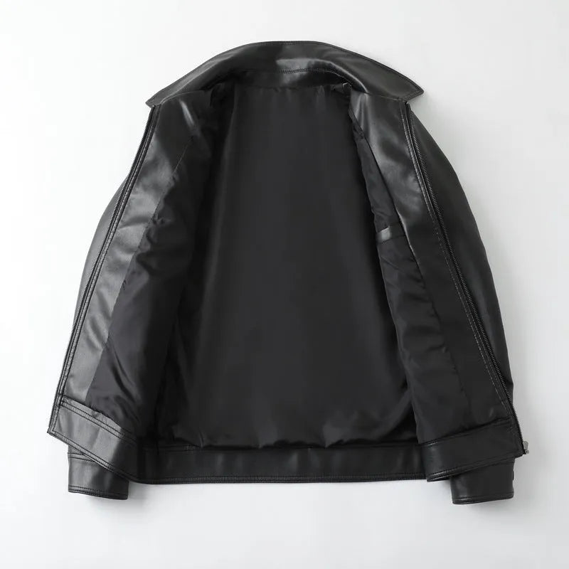 Black men's loose fit PU leather casual jacket with a zip pocket.