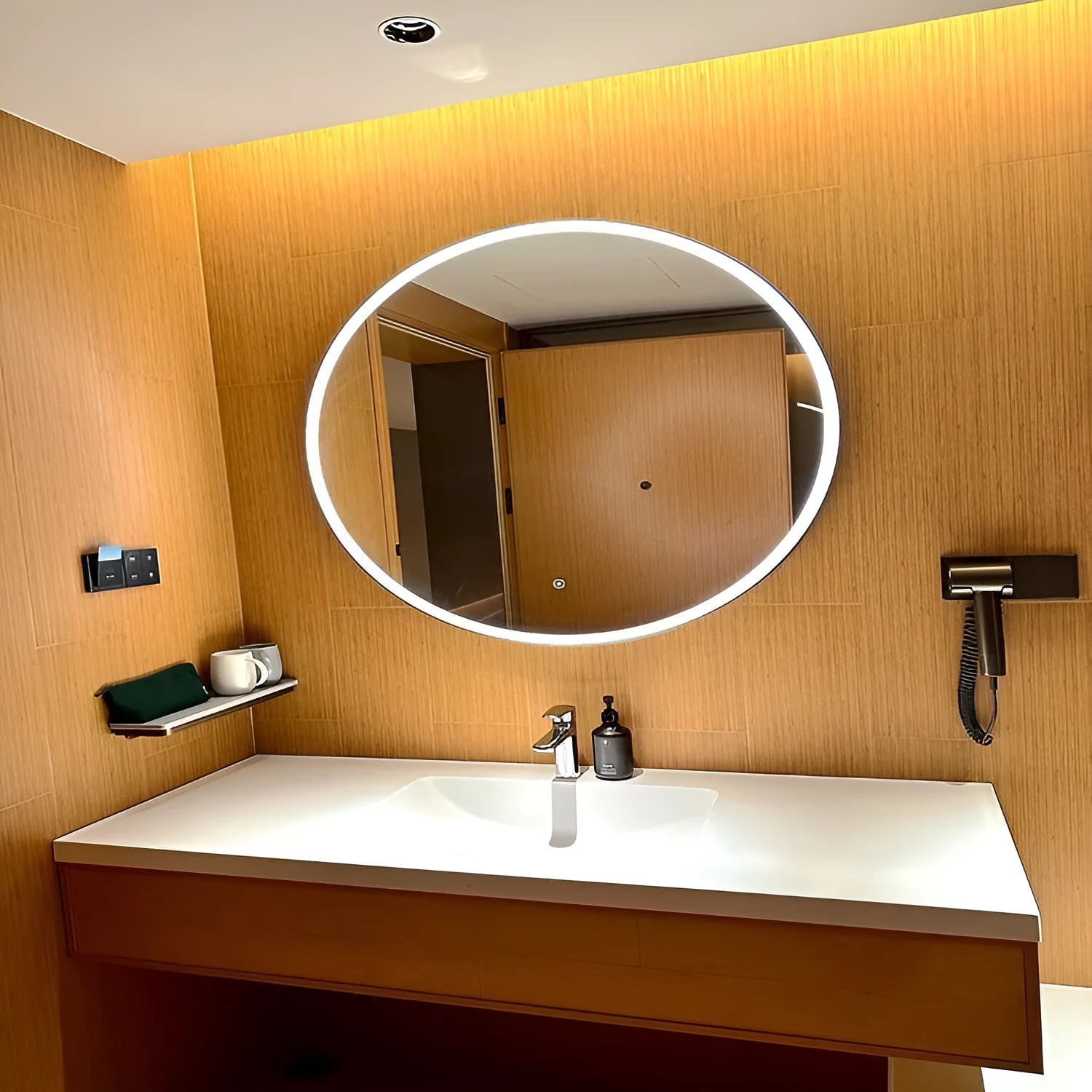 Round black frame LED bathroom makeup mirror with wall mounting