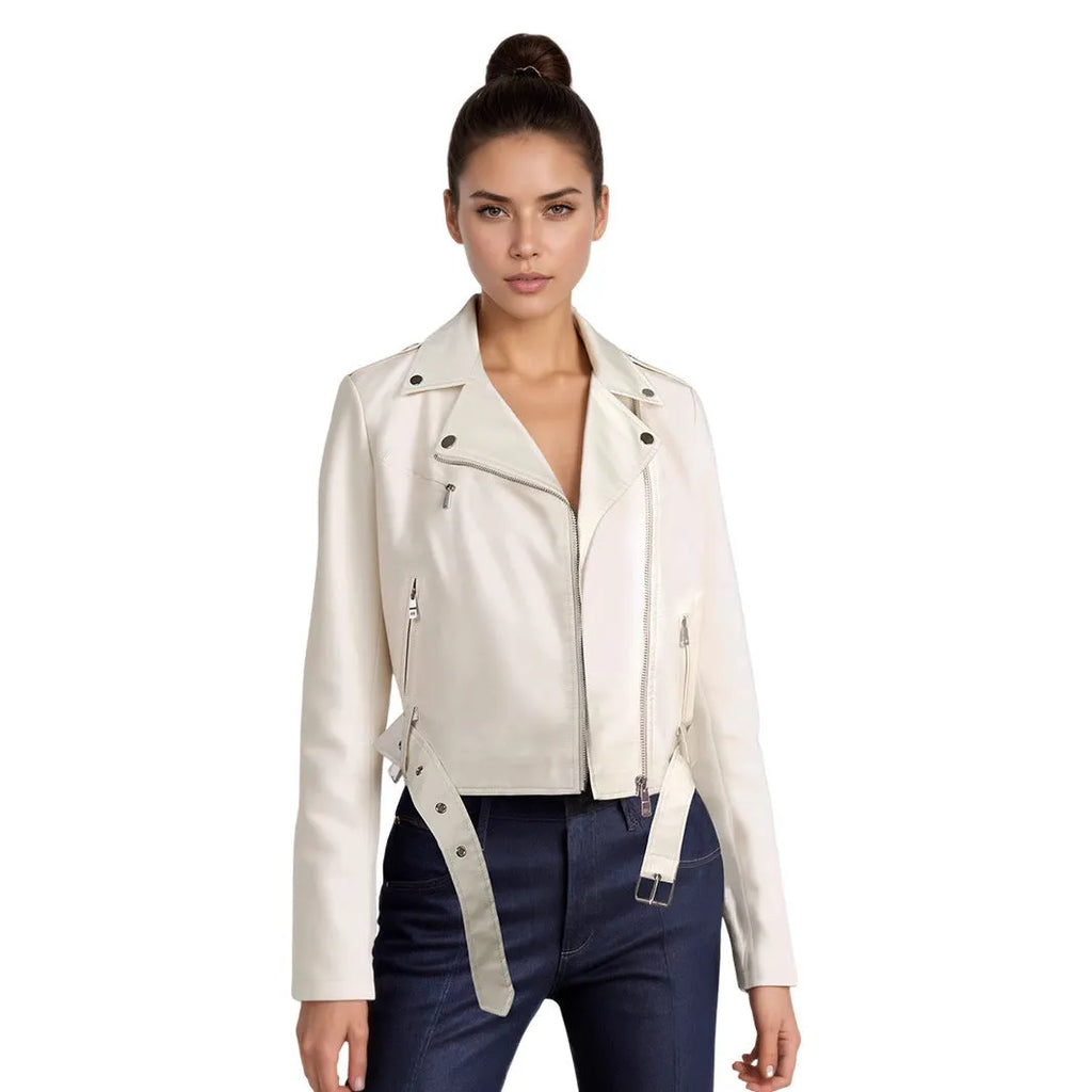 Women's black PU leather motorcycle jacket with lapel short belt, regular sleeves