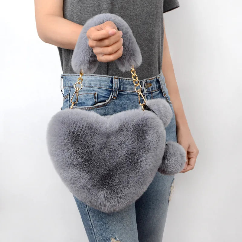 Plush heart-shaped women's handbag with removable shoulder strap in multiple colour options