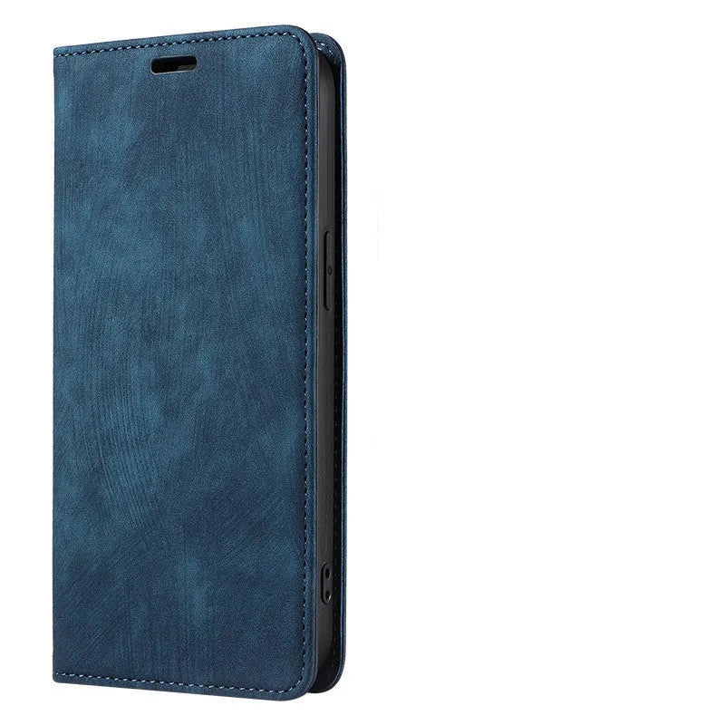Magnetic flip leather phone case for iPhone in grey, lake green, and pink colours.